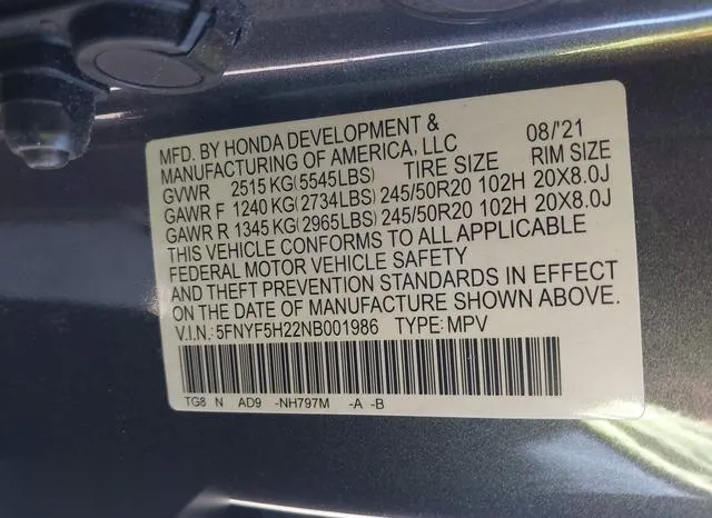 5FNYF5H22NB001986 2022 2022 Honda Pilot- 2Wd Special Edition 9