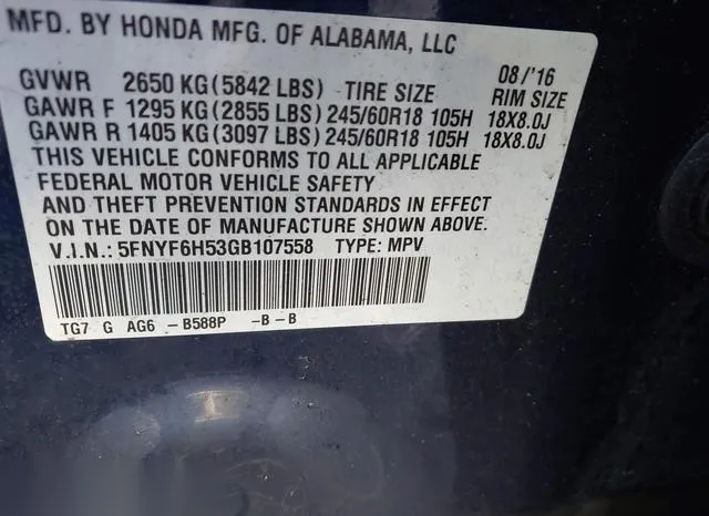 5FNYF6H53GB107558 2016 2016 Honda Pilot- Ex-L 9