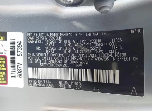 5TDYK3DC6BS073926 2011 2011 Toyota Sienna- Xle/Limited 9