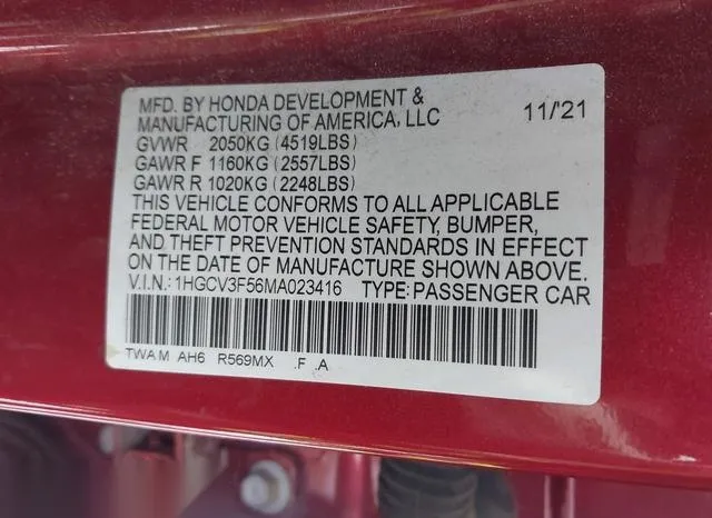 1HGCV3F56MA023416 2021 2021 Honda Accord- Hybrid Ex-L 9