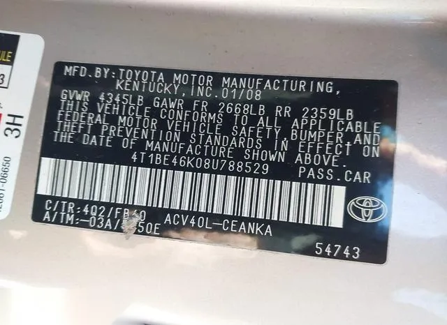 4T1BE46K08U788529 2008 2008 Toyota Camry- LE 9