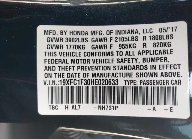 19XFC1F30HE020633 2017 2017 Honda Civic- Ex-T 9