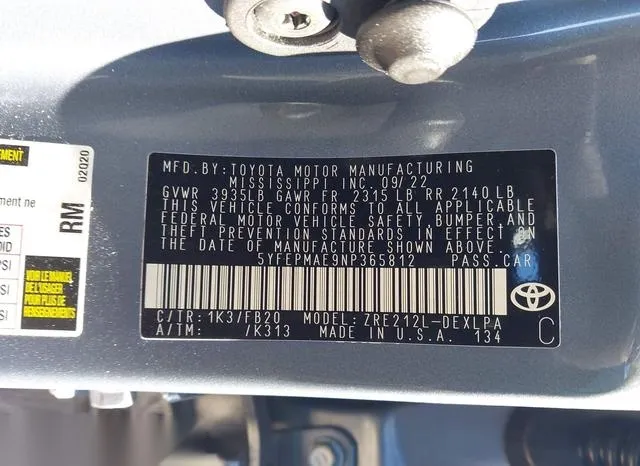 5YFEPMAE9NP365812 2022 2022 Toyota Corolla- LE 9