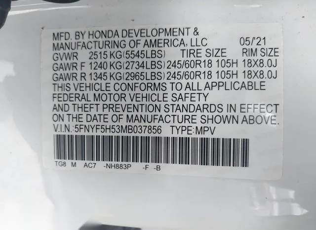 5FNYF5H53MB037856 2021 2021 Honda Pilot- 2Wd Ex-L 9