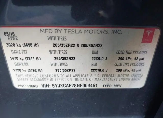 5YJXCAE28GF004461 2016 2016 Tesla Model X- 60D/70D/75D/90D 9