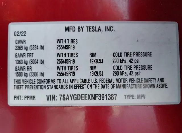 7SAYGDEEXNF391387 2022 2022 Tesla Model Y- Long Range Dual 9