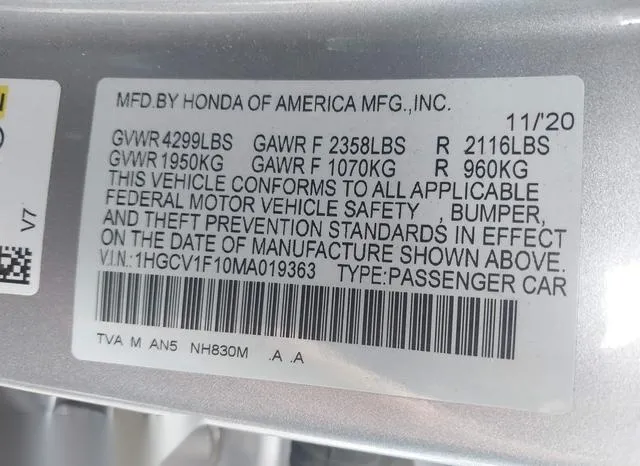 1HGCV1F10MA019363 2021 2021 Honda Accord- LX 9