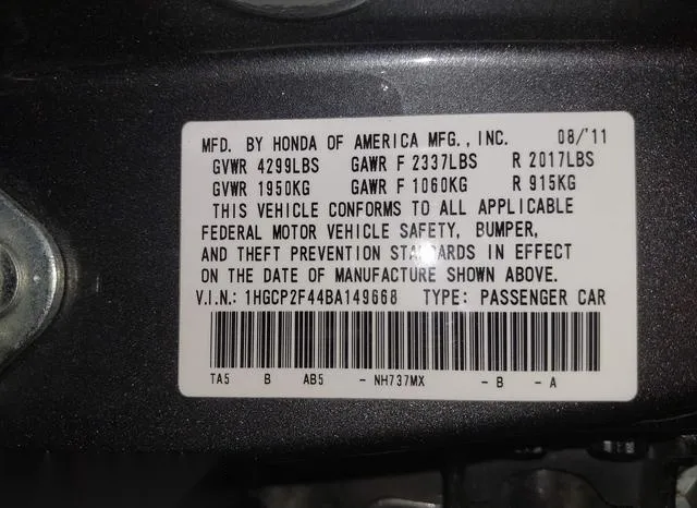 1HGCP2F44BA149668 2011 2011 Honda Accord- 2-4 Lx-P 9