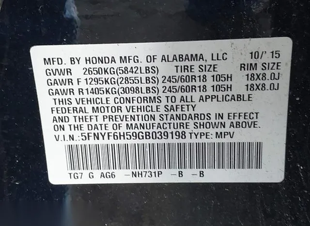 5FNYF6H59GB039198 2016 2016 Honda Pilot- Ex-L 9