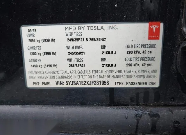 5YJSA1E2XJF281958 2018 2018 Tesla Model S- 100D/75D/P100D 9