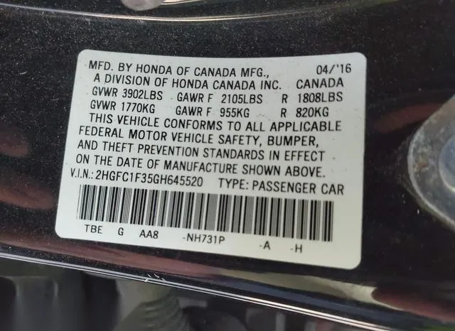 2HGFC1F35GH645520 2016 2016 Honda Civic- Ex-T 9