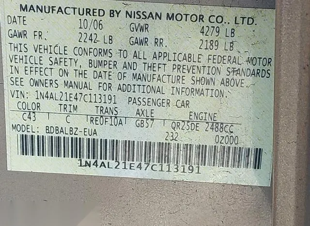 1N4AL21E47C113191 2007 2007 Nissan Altima- 2-5 S 9