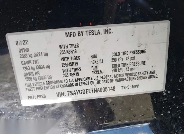 7SAYGDEE7NA005148 2022 2022 Tesla Model Y- Long Range Dual 9