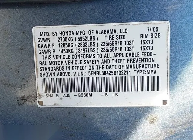 5FNRL38425B132211 2005 2005 Honda Odyssey- EX 9