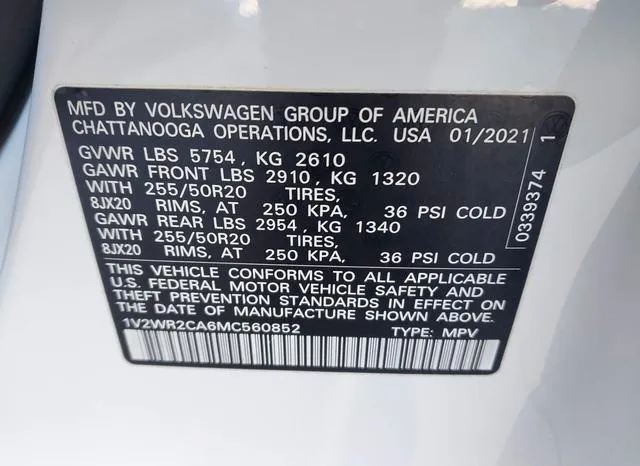 1V2WR2CA6MC560852 2021 2021 Volkswagen Atlas- 3-6L V6 Se W/ 9