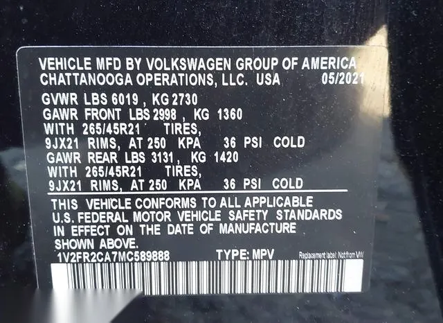 1V2FR2CA7MC589888 2021 2021 Volkswagen Atlas- 3-6L V6 Sel P 9