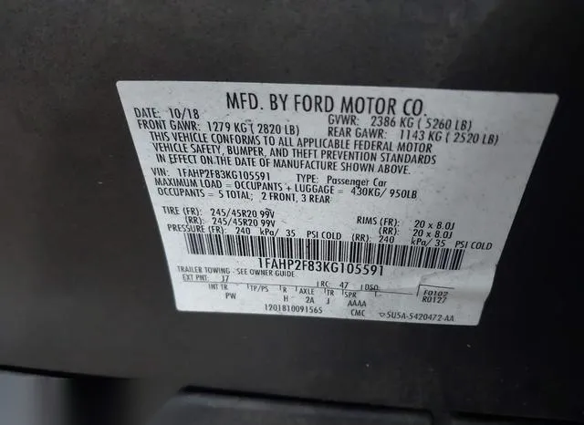 1FAHP2F83KG105591 2019 2019 Ford Taurus- Limited 9