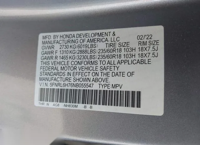 5FNRL6H76NB055547 2022 2022 Honda Odyssey- Ex-L 9