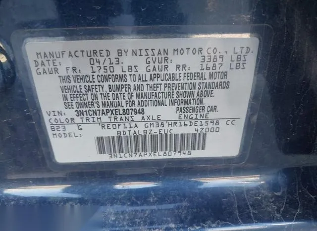 3N1CN7APXEL807948 2014 2014 Nissan Versa- 1-6 SV 9