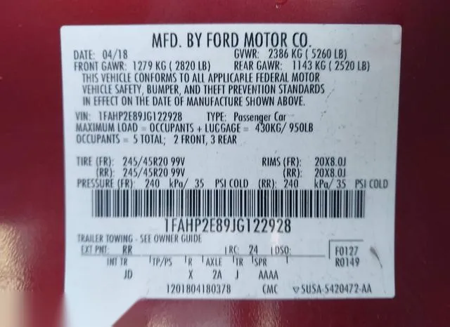 1FAHP2E89JG122928 2018 2018 Ford Taurus- Sel 9