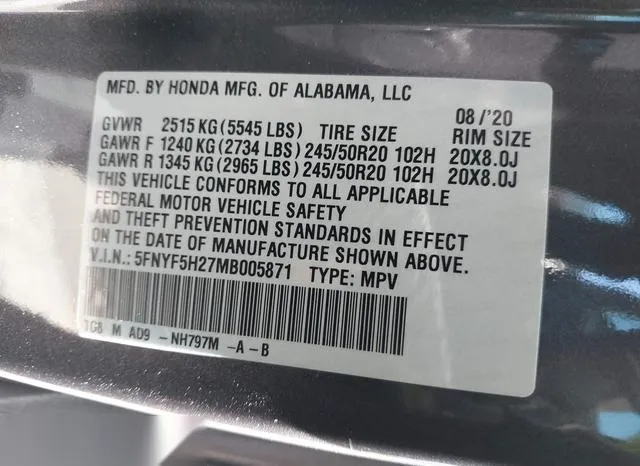 5FNYF5H27MB005871 2021 2021 Honda Pilot- 2Wd Special Edition 9