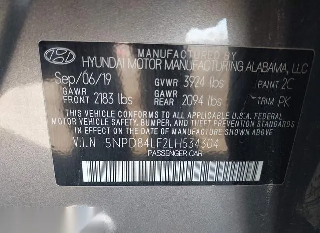 5NPD84LF2LH534304 2020 2020 Hyundai Elantra- Sel 9