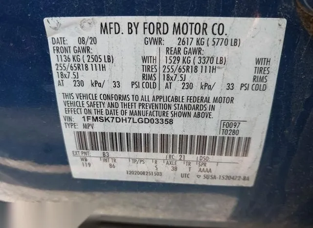 1FMSK7DH7LGD03358 2020 2020 Ford Explorer- Xlt 9