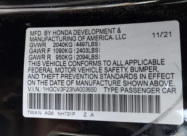 1HGCV3F23NA003650 2022 2022 Honda Accord- Hybrid Sport 9