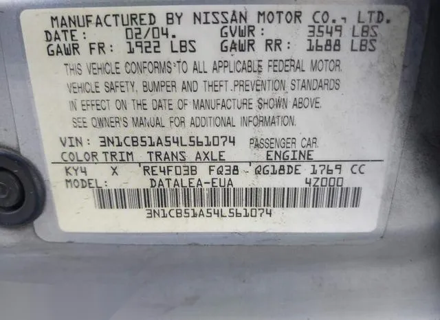 3N1CB51A54L561074 2004 2004 Nissan Sentra- 1-8S 9