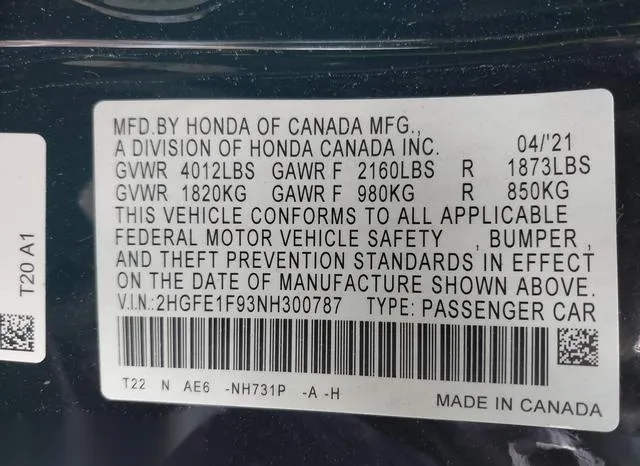 2HGFE1F93NH300787 2022 2022 Honda Civic- Touring 9