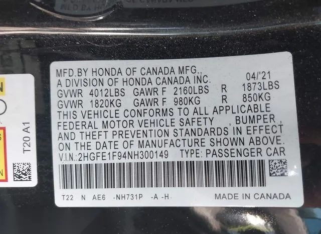 2HGFE1F94NH300149 2022 2022 Honda Civic- Touring 9