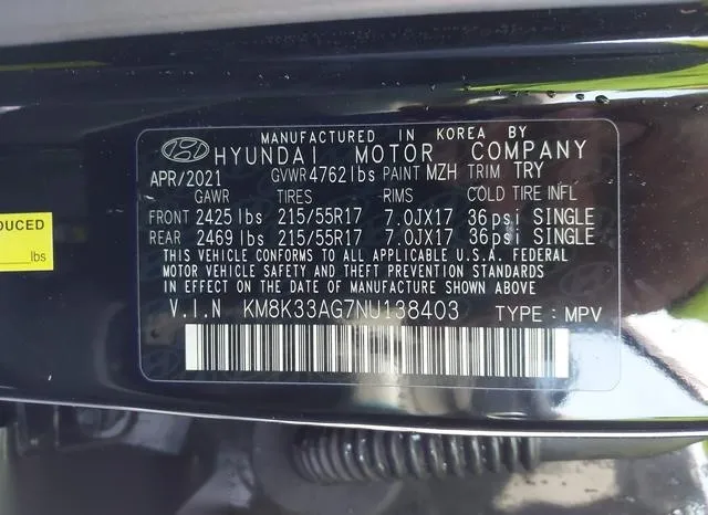 KM8K33AG7NU138403 2022 2022 Hyundai Kona- Electric Sel 9