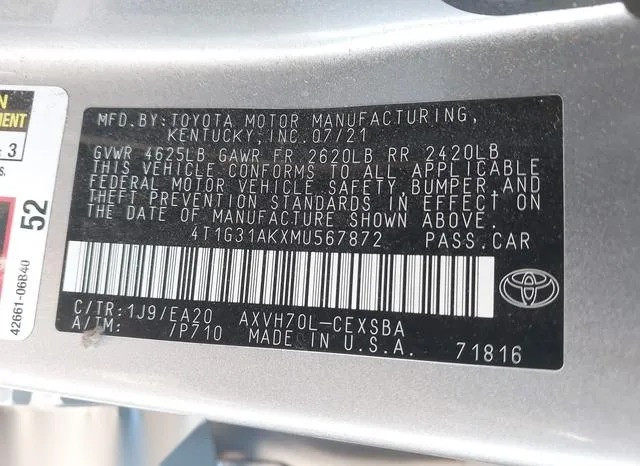 4T1G31AKXMU567872 2021 2021 Toyota Camry- Se Hybrid 9