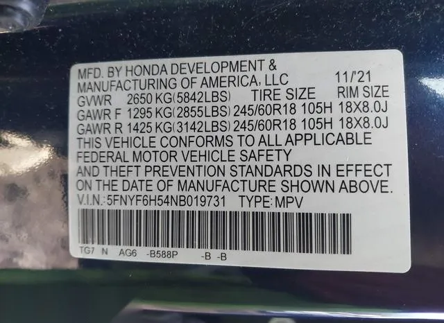 5FNYF6H54NB019731 2022 2022 Honda Pilot- Awd Ex-L 9