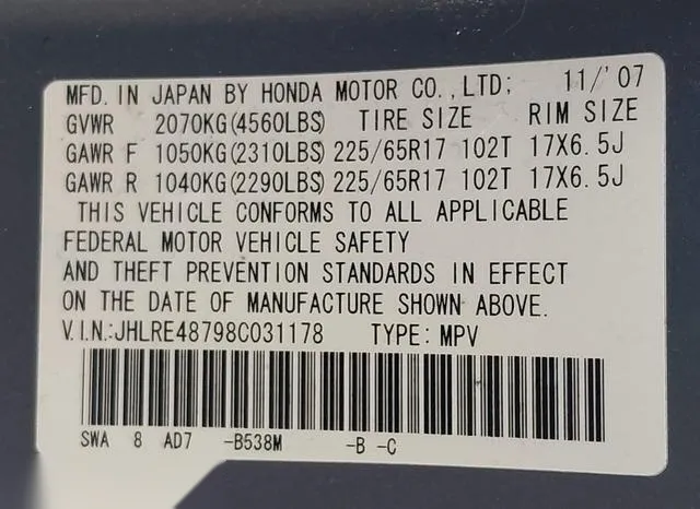 JHLRE48798C031178 2008 2008 Honda CR-V- Ex-L 9