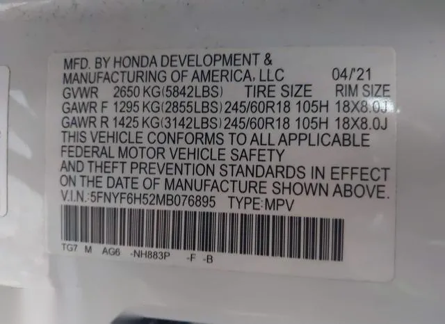 5FNYF6H52MB076895 2021 2021 Honda Pilot- Awd Ex-L 9