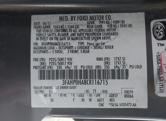 3FAHP0HA8CR116715 2012 2012 Ford Fusion- SE 9