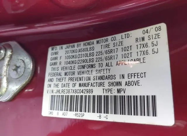 JHLRE387X8C042989 2008 2008 Honda CR-V- Ex-L 9