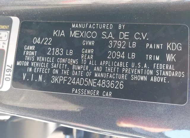 3KPF24AD5NE483626 2022 2022 KIA Forte- Lxs 9