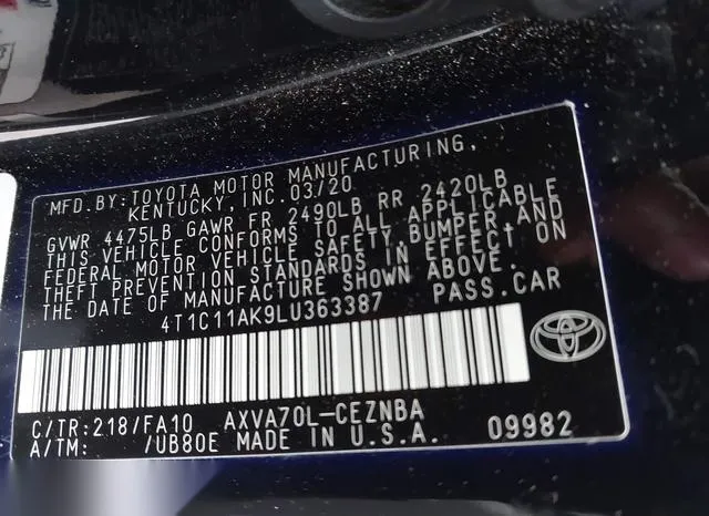 4T1C11AK9LU363387 2020 2020 Toyota Camry- LE 9