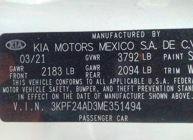 3KPF24AD3ME351494 2021 2021 KIA Forte- Lxs 9