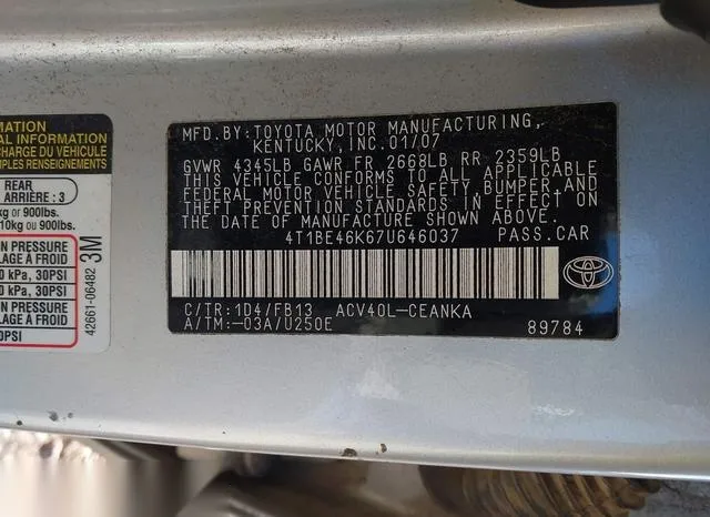 4T1BE46K67U646037 2007 2007 Toyota Camry- LE 9