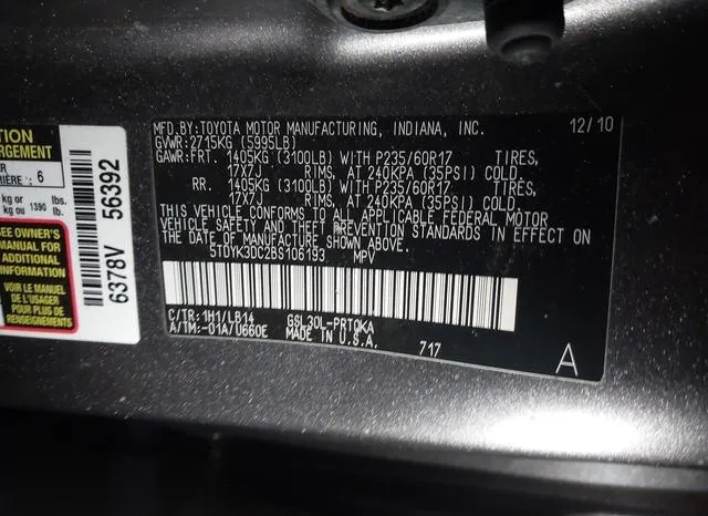 5TDYK3DC2BS106193 2011 2011 Toyota Sienna- Xle V6 9