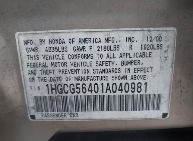 1HGCG56401A040981 2001 2001 Honda Accord- 2-3 LX 9