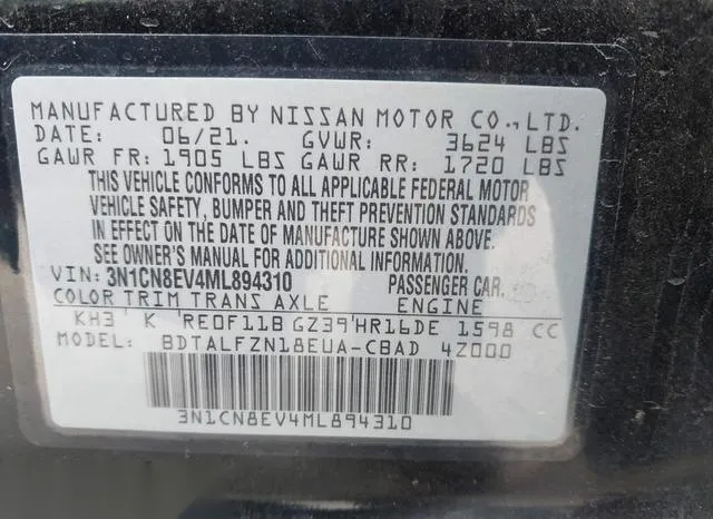 3N1CN8EV4ML894310 2021 2021 Nissan Versa- Sv Xtronic Cvt 9