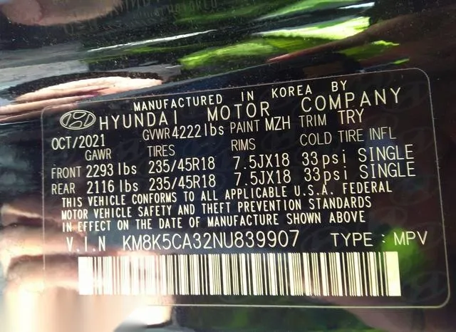 KM8K5CA32NU839907 2022 2022 Hyundai Kona- Limited 9