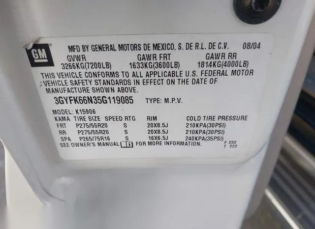 3GYFK66N35G119085 2005 2005 Cadillac Escalade- Esv Platinum 9