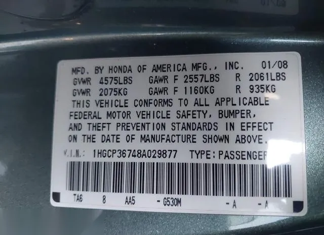 1HGCP36748A029877 2008 2008 Honda Accord- 3-5 EX 9