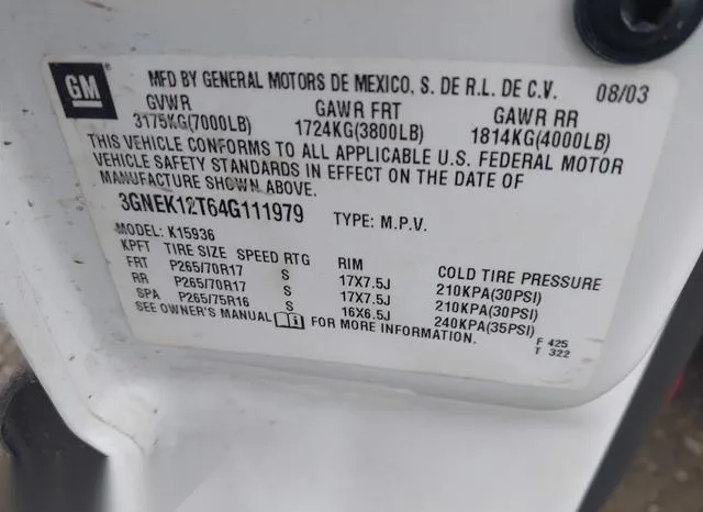 3GNEK12T64G111979 2004 2004 Chevrolet Avalanche 1500 9