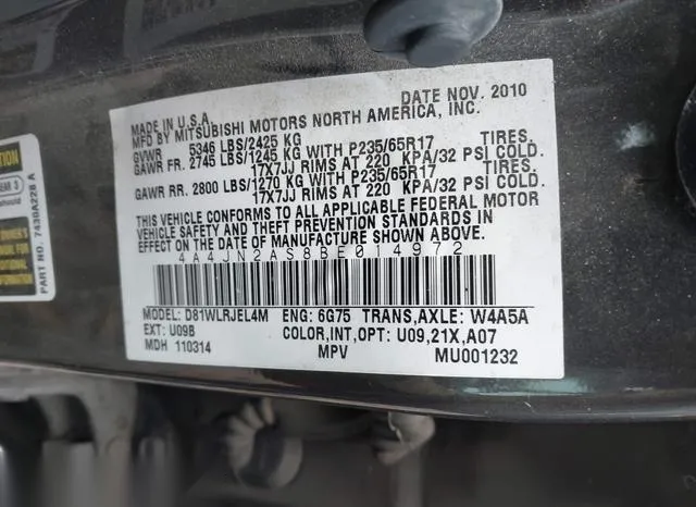 4A4JN2AS8BE014972 2011 2011 Mitsubishi Endeavor 9